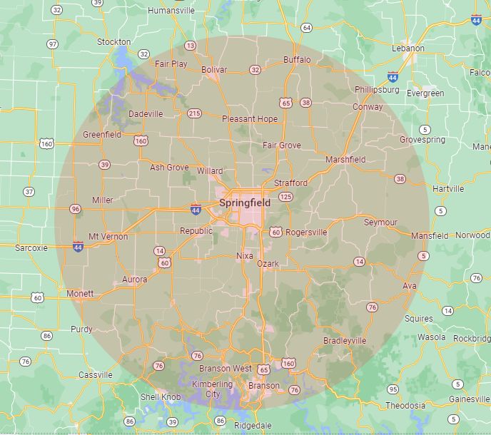 Service area map centered on Springfield Missouri, reaching Nixa, Ozark, Republic, Marshfield and Branson
